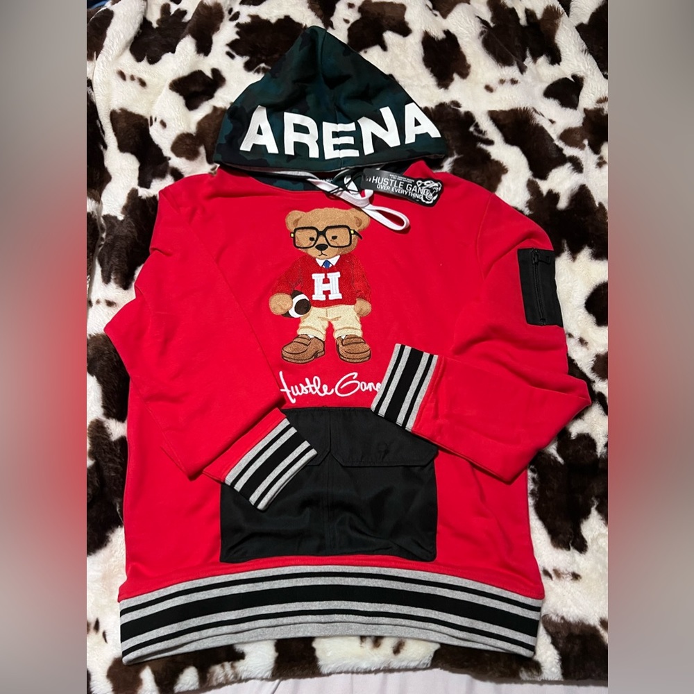 Hustle gang hoodie teddy bear size large new